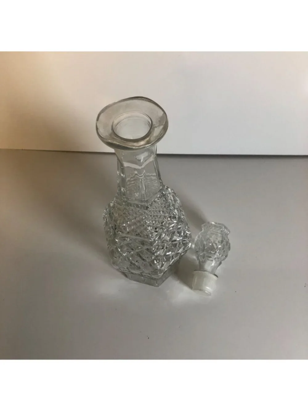 Vintage Pressed Glass Decanter Bottle with Stopper Diamond Cut Pattern